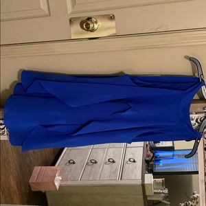 Blue dress, ruffle down front